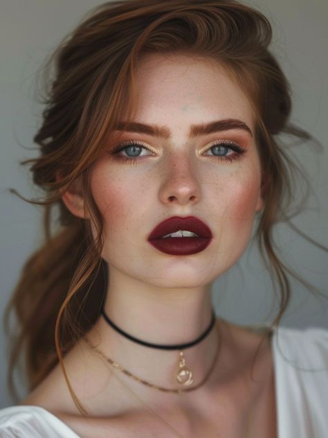 Dark Cherry Makeup, Red Lipstick Bridal Makeup, Dark Red Lipstick Makeup, Cherry Blonde, Cherry Red Lipstick, Dark Red Lipstick, Lipstick Ideas, Dark Cherry Red, Medium Length Curls