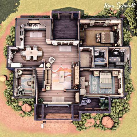 Sims 4 Ranch House Floor Plan, Sims 4 Ranch Style House Layout, Sims 4 Ranch House Plans, Sims 4 Ranch House Layout, Sims 4 Houses Layout Floor Plans Family, Sims Ranch House, Sims House Plans Layout, Sims 4 One Story House, Sims 4 Ranch Style House