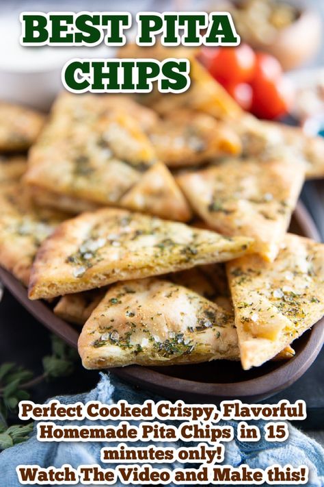 Pita Chips are so crunchy, delicious, versatile, and easy! This homemade pita chips recipe & video will be your favorite! ready in 15mins. Bread Appetizers Easy, Pita Chips Recipe, Baked Pita Chips, Homemade Pita Chips, Greek Pita, Homemade Pita, Easy Mediterranean Diet Recipes, Healthy Plant Based Recipes, Bread Appetizers