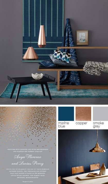 12 Top Living Room Copper Color Scheme Ideas Photos -  -  Check more at https://color-combination.com/12-top-living-room-copper-color-scheme-ideas-photos/ Blue And Copper Living Room, Copper Living Room, Brown And Blue Living Room, Color Palette Living Room, Grey Interior Design, Grey Dining Room, Living Room Decor Colors, Trendy Living Rooms, Room Paint Colors