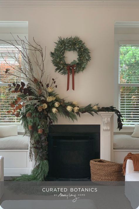 Ornaments On Mantle, Large Christmas Arrangements, Fireplace Mantel Decorating Ideas For Christmas, Mantel Floral Arrangements, Decorating Mantles, Christmas Mantle Ideas, Rustic Christmas Mantle, Rustic Mantle Decor, New Zealand Homes