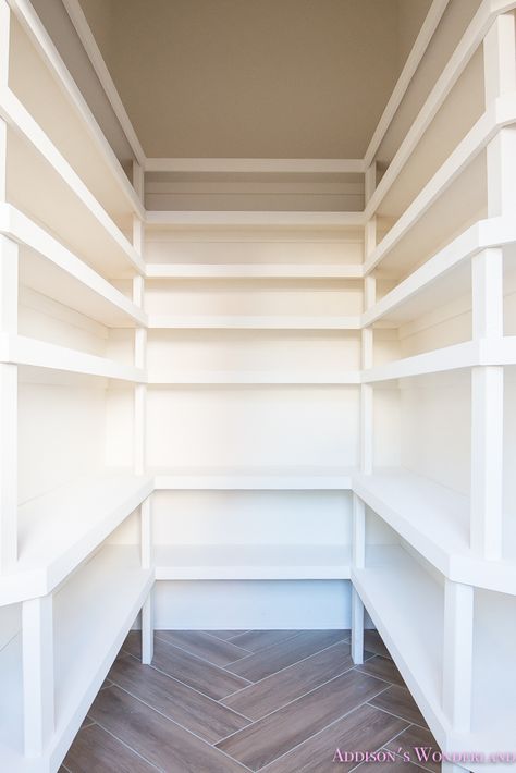 The Ultimate Pantry Layout Design - Addison's Wonderland U Shaped Pantry Shelves, U Shaped Pantry, Herringbone Wood Tile Floor, Best Pantry Organization, Ultimate Pantry, Blue Interior Doors, Pantry Layout, Diy Pantry Organization, Best Food Recipes