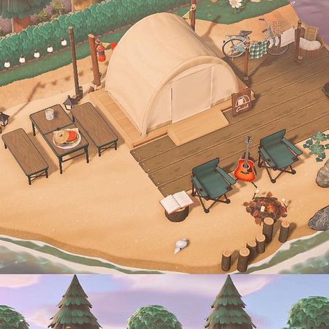 Animal Crossing Beach Campsite Ideas, Animal Crossing Beach Campsite, Beach Campsite Acnh, Acnh Summer Camp Island, Beach Campsite Animal Crossing, Campsite Animal Crossing New Horizon, Acnh Camping, Camp Site Acnh, Campsite Acnh