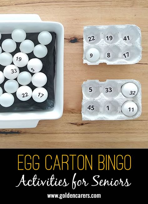 Egg Carton Bingo: Egg Bingo is made with egg cartons and table tennis balls. I borrowed the idea from a kids website and modified it. It worked so well that our clients commented how clever the idea was! Preschool Tables, Memory Care Activities, April Activities, Nursing Home Activities, Senior Games, Elderly Activities, Activity Director, Egg Cartons, Egg Carton Crafts