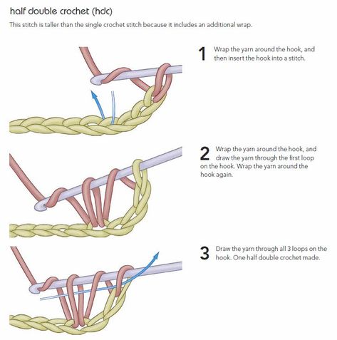 Half double crochet stitch Hdc Crochet, Easy Beginner Crochet Patterns, Crochet Stitches Guide, Crochet Blog, Crochet Stitches For Beginners, Single Crochet Stitch, Basic Crochet Stitches, Crochet Books, Crochet Instructions