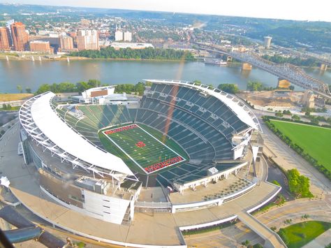 PAUL BROWN STADIUM...  took this from the helicopter :) Paul Brown Stadium, Nfl Stadiums, Football Stadiums, Civil Engineering, Hockey Rink, Baseball Field, Us Travel, Palace, Ohio