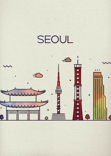 Seoul Drawing City, Seoul Drawing, Korea Drawing, Art Of Korea, Seoul Map, Travel Doodles, Korean Illustration, Flag Drawing, Seoul Korea Travel