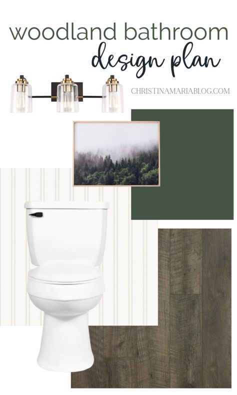 Budget friendly bathroom makeover design plan Outdoorsy Bathroom Decor, Bathroom Mood Board Green, Bathroom Forest Theme, Green Bathroom Design Ideas, Green And Natural Wood Bathroom, Woodsy Bathroom Ideas, Woodland Bathroom Ideas, Mountain Theme Bathroom, Outdoorsy Bathroom