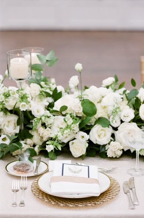 White Wedding Table Setting, Plate Setting, Candles White, Flowers Luxury, White Floral Arrangements, Long Candles, Table Arrangements Wedding, Wedding Table Linens, Wedding Reception Flowers