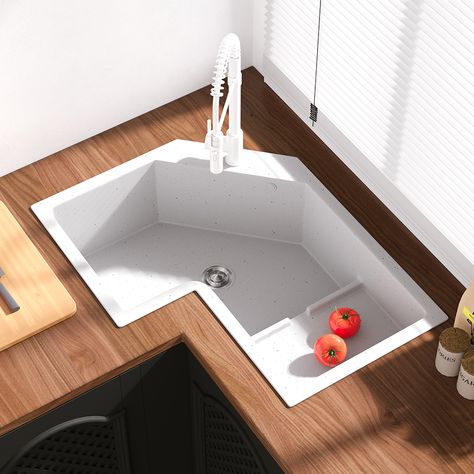 Featuring a single bowl configuration in a drop-in installation format, this Irregular quartz kitchen sink combines fashion with function to create a contemporary look for the kitchen. It’s designed to fit in a preexisting corner and creates more working space. This sink can free up space which can make your area seem bigger. Crafted from premium material for maximum durability, a deep basin accommodates glasses and barware with ease. The clean lines and special design complement every style pre Deep Kitchen Sink Drop In, Unique Small Kitchen Designs, Corner Kitchen Sink With Windows, Kitchen Corner Sink Ideas, Kitchen With Corner Sink, Corner Sink Kitchen Layout, Corner Kitchen Sink Ideas, L Shape Kitchen, Corner Sinks