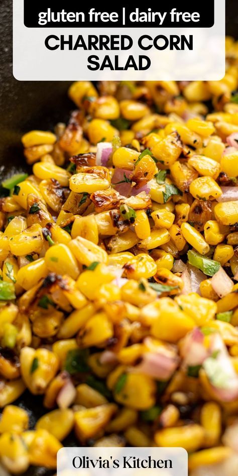 This 10 minute skillet charred corn is delicious as a BBQ side dish or taco topping. Canned or frozen corn is blackened in a cast iron skillet on the stovetop for that smokey flavour—made easily indoors! Gluten Free Corn Side Dish, Blackened Corn, Bbq Side Dish, Skillet Corn, Corn Side Dish, Charred Corn, Bbq Side Dishes, Bbq Side, Mexican Street Corn Salad