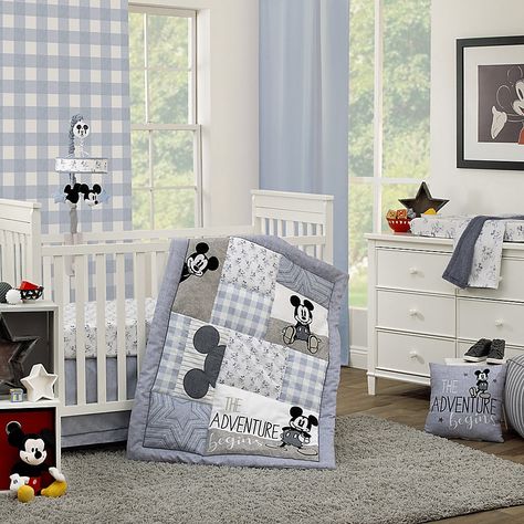 Decorate your Disney-themed nursery with an adorable touch with this Disney Call Me Mickey 3-Piece Crib Bedding Set. Crafted of easy-care fabric, this set includes a comforter, fitted crib sheet, and crib skirt for a cute coordinated look.  SAFETY REMINDER: Never use soft bedding, such as quilts, stuffed animals, or pillows while your baby is in any sleep environment. Decorates your baby's nursery with an adorable Mickey Mouse theme and a coordinated look in blue hues 3-piece set includes:  Reve Mickey Mouse Crib Bedding Set, Boys Nursery Bedding Sets, Baby Blue Nursery Boy, Mickey Mouse Nursery, Disney Themed Nursery, Grey Crib, Mickey Mouse Theme, The Adventure Begins, Crib Skirt