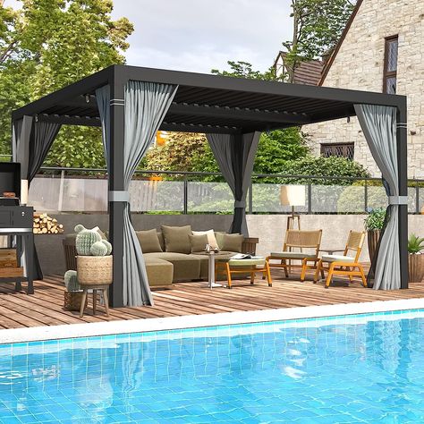 Black Pergola, Canopy Weights, Louvered Pergola, Steel Curtain, Hardtop Gazebo, Patio Curtains, Outdoor Sun Shade, Modern Cozy Living Room, Pergola Patio