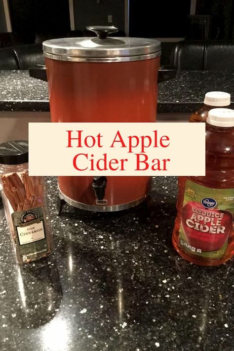 How To Serve Hot Apple Cider At A Party, Hot Apple Cider Serving Ideas, Hot Apple Cider Bar Ideas Fall, Hot Apple Cider Bar Ideas, Hot Cider Bar Ideas, Apple Cider Bar Ideas Fall, Fall Hot Chocolate Bar, Easy Hot Apple Cider, Hot Cider Bar