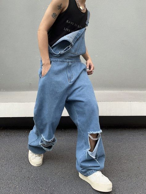 Blue Casual Collar Sleeveless Denim Plain Overall Embellished Non-Stretch  Men Clothing Denim Overalls Outfit Men, Overalls Men Fashion, Denim Jumpsuit Overalls, Emma Myers, Overalls Men, Inspo Outfit, Bib Overalls, Denim Overalls, Denim Jumpsuit