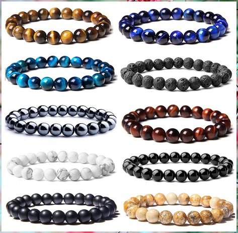 SONNYX 10 Pcs 8mm Semi-Precious Gemstones Bracelets Round Beaded Bracelets for Men Women Stone Crystal Healing Stretch Beaded Bracelet Unisex Round Beaded Bracelets, Gemstones Bracelets, Beaded Bracelets For Men, Couples Accessories, Beautiful Accessories, Stil Boho, Styl Boho, Mens Beaded Bracelets, Lava Rock