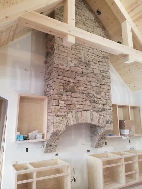 Rustic Wood Range Hood, Stone Kitchen Hood Ideas, Stone Behind Stove, Range Hood Cathedral Ceiling, Stone Arch Over Stove, Vaulted Kitchen Ceiling Range Hood, Rustic Oven Hood, Brick Oven Hood, Stone Stove Hood