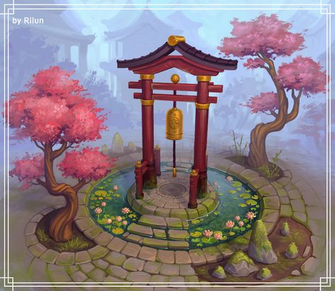 Ruslana Gus - Ponds Chinese Background, Japanese Village, Japanese Shrine, Props Concept, Japanese Drawings, Fantasy Props, Game Concept Art, Chinese Architecture, Game Character Design