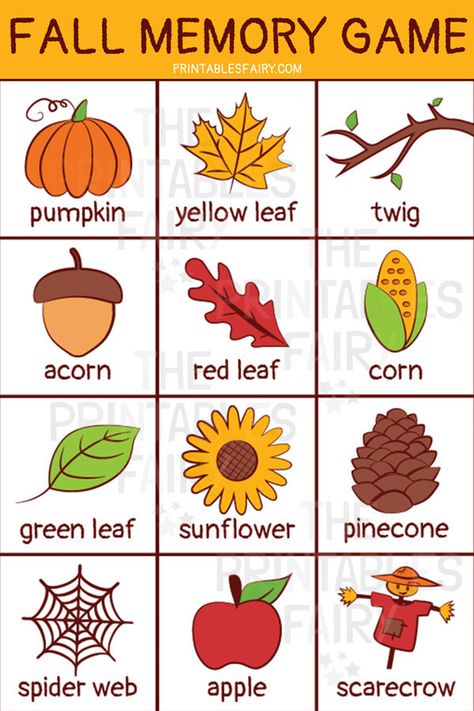 I Can Discover Autumn Preschool, Fall Matching Games For Toddlers, Fall Word Wall For Preschool, Fall Matching Game, Fall Flashcards Free Printable, Fall Toddler Printables, A Is For Autumn, Autumn Games Preschool, Autumn For Preschoolers