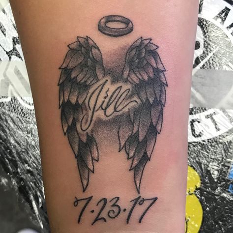 Angel wing tattoo Memorial tattoo Best friend Angel RIP Angel Wing Tattoo Memorial, Wing Tattoos On Wrist, Baby Angel Tattoo, Heart With Wings Tattoo, Memorial Tattoo Designs, In Loving Memory Tattoos, Rip Tattoo, Remembrance Tattoos, Wing Tattoo Designs