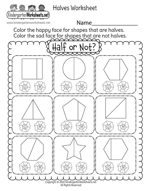 This worksheet asks kids to identify which shapes are divided into halves by coloring happy or sad faces. It is a great way to introduce fractions. Basic Fractions, Kindergarten Geometry, Kindergarten Math Curriculum, Shape Worksheets For Preschool, Math Fact Worksheets, Kindergarten Math Free, Shapes Worksheet Kindergarten, Kindergarten Math Worksheets Free, Shapes Kindergarten