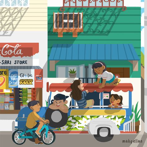 a group of children playing on a jeepney in front of a house and sa sari-sari store Filipino Illustration Art, Filipino Art Illustration, Filipino Illustration, Filipino Drawing, Filipino Childhood, Narrative Illustration, Value Drawing, Childhood Art, Filipino Art