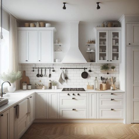 White Kitchen Tiny White Kitchen, White U Shaped Kitchen, White Cafe Appliances, White Kitchen Cabinets Ideas, White Cabinets Kitchen, White Kitchen Design Ideas, Cafe Appliances, Contemporary White Kitchen, Classic White Kitchen