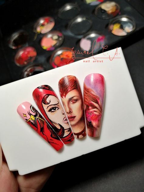 Wandavision Wanda Maximoff Nailart Scarlett Witch Nails, Wanda Nails Marvel, Wandavision Nails, Wanda Maximoff Nails, Wanda Nails, Portrait Nail Art, Wanda Wandavision, Superhero Nails, Avengers Nails