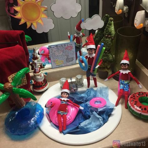 Elf on the Shelf ideas. Jingle, Lashes & Elfonso had a Pool Party up in here!!!! Floats and pool noodles for their swimming. Now they’re going to chill and relax while boys are at school. December 4, 2017 Find more like this at Pinterest Profile: Lisa Walter #elfontheshelfideas #poolparty #elfontheshelf Elf Pool Party, Elf On The Shelf Swimming Ideas, Christmas In July Elf On The Shelf, Elf On The Shelf Beach Ideas, Elf On The Shelf Beach, Elf Shelf Arrival, Elf 2024, Elf On Shelf, Awesome Elf On The Shelf Ideas