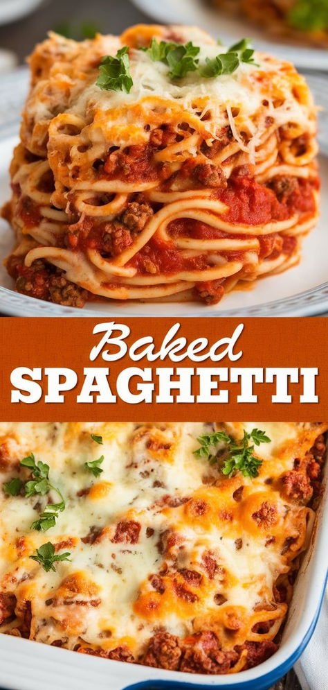 Love spaghetti? Try this Baked Spaghetti! It’s cheesy, hearty, and baked to perfection, making it a delicious and satisfying dinner for the whole family. Easy Dinner Recipes With Spaghetti Noodles, Baked Spaghetti With Meat Sauce, Recipes For Baked Spaghetti, Church Supper Spaghetti, No Boil Baked Spaghetti, Baked Spaghetti Chicken, One Pan Spaghetti Bake, Baked Speggetti Recipes Simple, Elevated Spaghetti