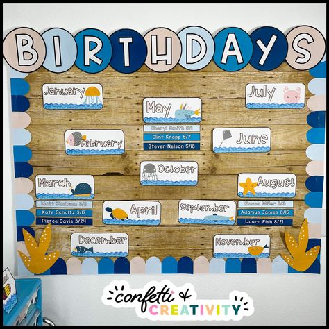 Ocean Classroom Decor, Birthday Display In Classroom, Birthday Board Classroom, Ocean Classroom, Word Wall Letters, Ocean Theme Classroom, Teacher Toolbox Labels, Meet The Teacher Template, Under Sea