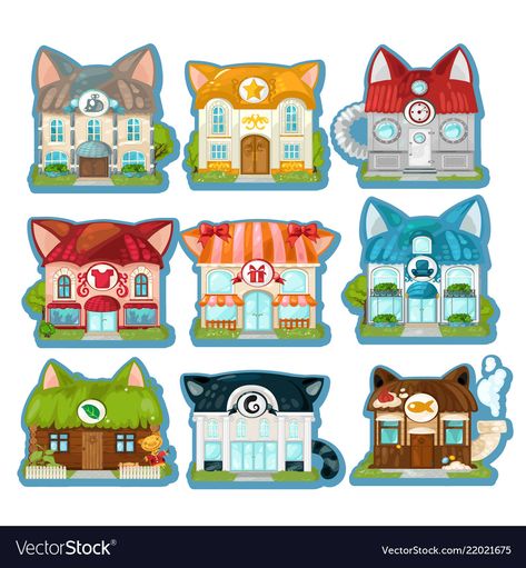 Cat House Illustration, Cat House Drawing, Village Vector, Background Cat, Kawaii Drawing, House Cartoon, Colorful Houses, Cat Vector, House Illustration