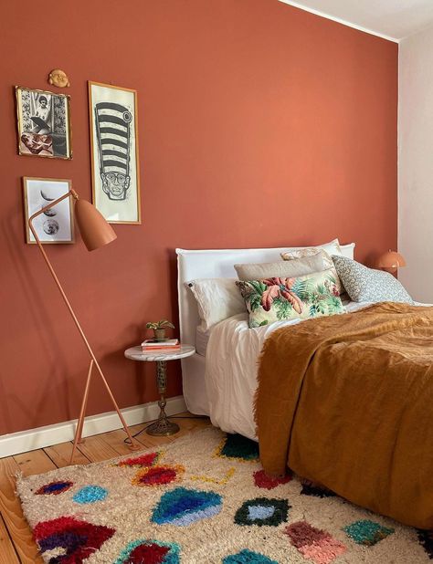 Orange Colour Schemes | Inspiration By Colour | Farrow & Ball Warm Bedroom Paint Colors, Eclectic Bedding, Farrow Bal, Brighter Bedroom, Warm Bedroom, Red Earth, Bedroom Paint Colors, Bedroom Paint, Spare Room