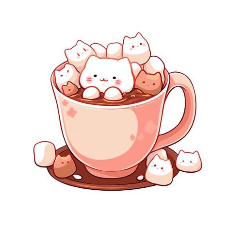 Kawaii Cat Drawing, Kawaii Cups, Mug Drawing, Cute Marshmallows, Cup Of Cocoa, Cats Design, Images Kawaii, Cute Food Drawings, Cute Food Art