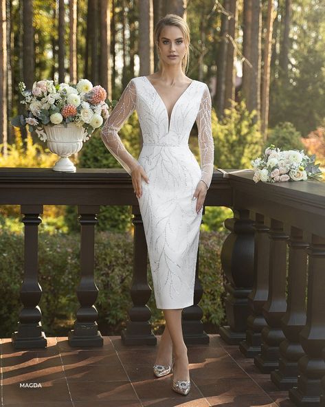 midi wedding dress short modern glitter simple sexy Ivory wedding tea length minimalist bohemian beach satin formal light style long sleeves Short White Long Sleeve Wedding Dress, Long Sleeve Knee Length Wedding Dress, Minimalist Short Wedding Dress, Mid Length Bridal Dress, Short Casual Wedding Dress, White Long Sleeve Wedding Dress, Registry Wedding Dress, Wedding Dress Short, Knee Length Wedding Dress