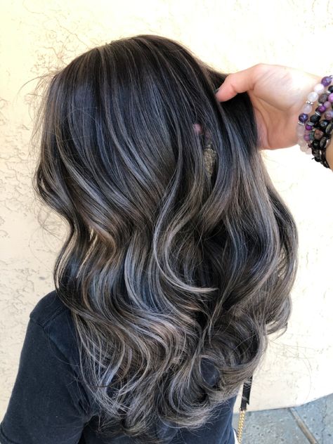 Dark And Silver Hair Ombre, Gray Babylights On Dark Hair, Silver Babylights On Dark Hair, Demi Grey Blending, Dark Hair Silver Highlights, Black Hair Grey Highlights, Silver Balayage On Dark Hair, Dark Hair With Grey Highlights, Smokey Brunette Hair