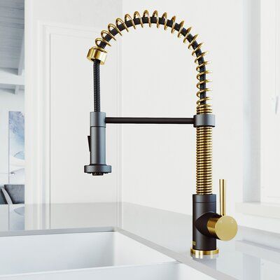 The pull-down, dual-action spray head on the kitchen faucet offers you a choice of either an aerated flow or a powerful spray. The fully rotational swivel spout has an extended reach, and its spiral details and solid brass construction make it a highly functional and beautiful statement piece. The faucet has hot/cold lines made from metal-braided PEX, a high-pressure resistant, freeze-resistant, and thermostable pipe. The mineral-resistant nozzle to prevent unsanitary buildup makes this product Matte Black Faucet, Kitchen Faucet With Sprayer, Black Faucet, Black Kitchen Faucets, Single Handle Kitchen Faucet, Kitchen Sink Faucets, Plumbing Fixtures, Kitchen Handles, Sink Faucets