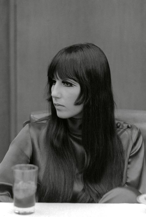 60s Bangs Long Hair, Cher Bangs, Long Hair Baby Bangs, Mod Haircut Women, 60s Hair Bangs, 60s Mod Hair, 60s Haircut, 60s Bangs, Cher Makeup