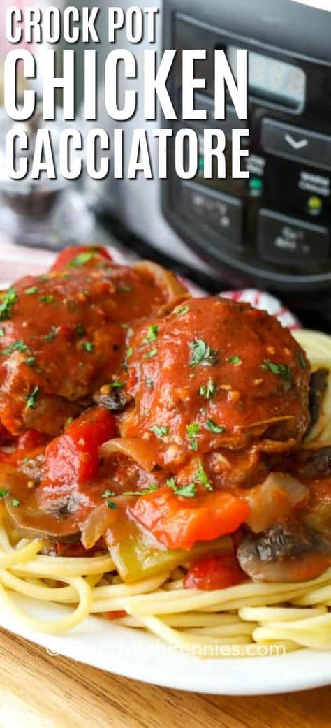 Slow cooker chicken cacciatore is an easy and hearty recipe perfect for those cooler nights. Made with bone-in chicken thighs, mushrooms, peppers, and tomatoes this hearty recipe is always a hit. Serve over spaghetti noodles or with potatoes for an easy and healthy meal! #spendwithpennies #slowcookerchickencacciatore #slowcooker #crockpot #maincourse #Italian #chickenrecipe Slow Cooker Chicken Cacciatore, Chicken Thighs Mushrooms, Cacciatore Recipes, Bone In Chicken, Easy Slow Cooker Chicken, Crock Pot Chicken, Chicken Thigh Recipes Crockpot, Chicken Cacciatore, Spaghetti Noodles