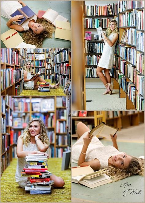 Senior Picture Poses With Books, Senior Pictures With Books Photo Shoots, Senior Picture Ideas Reading, Books Senior Pictures, Senior Picture Book Ideas, Senior Picture Ideas For Book Lovers, Homeschool Senior Pictures, Graduation Pictures In Library, Senior Picture With Books