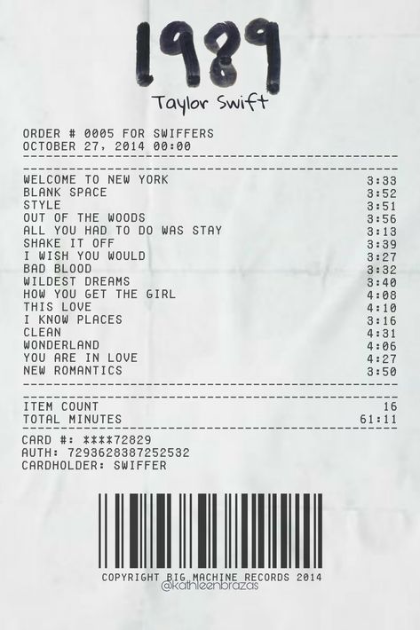 1989, taylor swift, album receipt Taylor Swift Eras Receipt, Reputation Taylor Swift Receipt, Taylor Swift 1989 Tv Aesthetic, Taylor Swift Albums And Songs, 1989 Songs Taylor Swift, Taylor Swift Spotify Receipt, Taylor Swift Albums As Receipts, Taylor Swift Lover Receipt, Taylor Swift Red Receipt