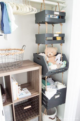 What a cool way to use vertical space! Hanging closet storage crates Hanging Closet Storage, Baby Room Organization, Closet Hacks, Closet Hacks Organizing, Nursery Closet, Closet Organization Diy, Fantastic Baby, Hanging Closet, Nursery Baby Room