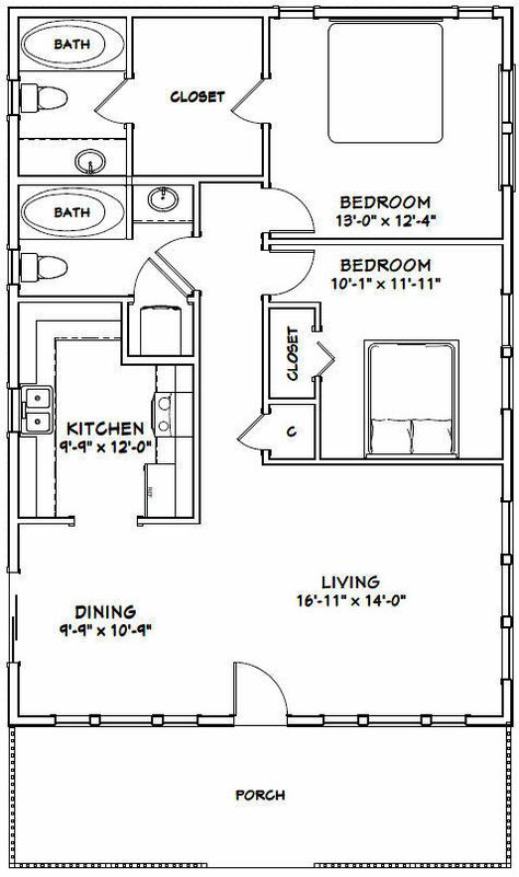 28X40 HOUSE -- 2 Bedroom 2 Bath -- PDF Floor Plan -- 1,120 sq ft -- Model 1B - $29.99 | PicClick Barn Layout, 2 Bedroom House Plans, Small House Floor Plans, Home Design Floor Plans, Tiny House Floor Plans, 2 Bedroom House, Apartment Plans, Architectural Drawings, Cottage House Plans