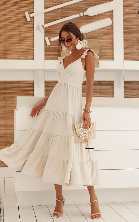 Beige Summer Dress, Rehearsal Dinner Outfits, Cruise Dress, White Sundress, Beach Dresses Summer, Short Dresses Casual, Dinner Outfits, White Dress Summer, Barbie Dress