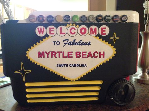 Vegas sign Myrtle beach welcome bottle caps cooler painting Frat Coolers Myrtle Beach, Myrtle Beach Frat Cooler, Tke Cooler, Cooler Ideas Fraternity, Formal Coolers, Frat Formal, Beach Bottle, Painted Coolers, Formal Cooler Ideas