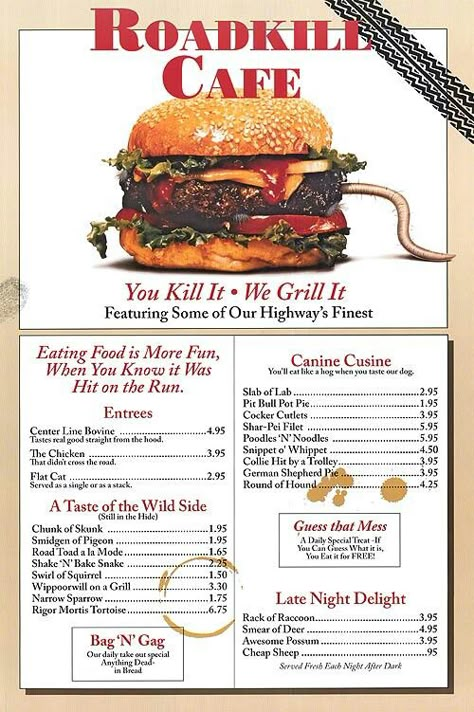 Road Kill Cafe Trailer Trash Party, Hillbilly Party, Road Kill, Cafe Posters, Shepherds Pie, Cafe Menu, Home Bathroom, Pot Pie, Retro Poster