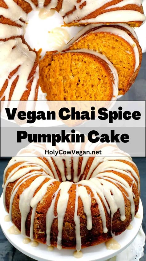 Chai Cake Vegan, Vegan Pumpkin Bundt Cake, Easy Vegan Bundt Cake, Vegan Pumpkin Baking, Vegan Chocolate Chip Pumpkin Bread, Easy Vegan Pumpkin Recipes, Vegan Fall Casserole, Vegan Gf Fall Recipes, Vegan Samhain Recipes