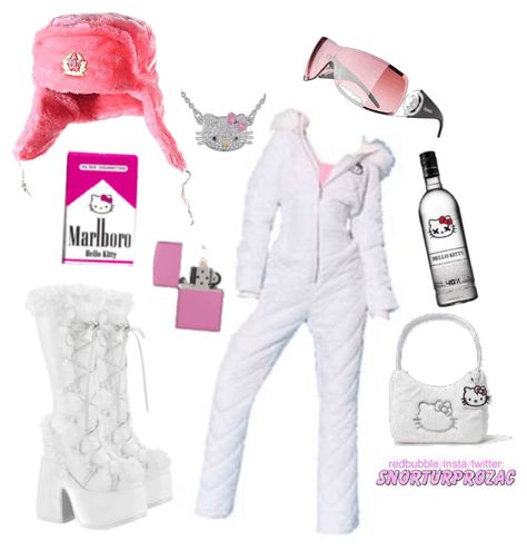 2000s Snow Outfit, Winter Outfits Y2k Snow, Cute Snow Suit, Hello Kitty Theme Outfit, Hsmtmts Jet, Y2k Snow Outfits, Hello Kitty Snow Suit, Hello Kitty Outfit Aesthetic, Hello Kitty Fit