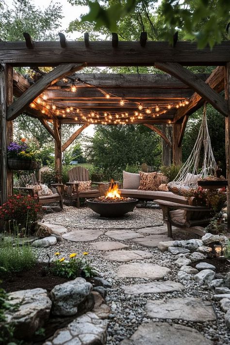 Backyard Garden Oasis Landscaping Ideas, Diy Fire Pit Patio Cheap, Small Backyard Oasis On A Budget Cozy, Backyard Country Ideas, Outdoor Home Inspiration, Back Patio Entertainment Area, Outdoor Wooded Area Ideas, Outdoor Peaceful Space, Home Decor Ideas Outdoor