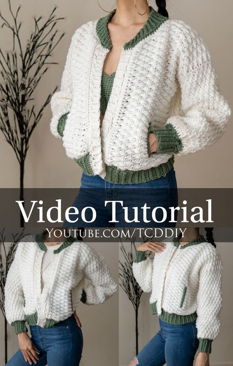 How To Crochet Jacket, How To Make Crochet Jacket, Bulky Knit Cardigan Pattern Free Plus Size, Crochet Varsity Jacket Pattern, Crochet Amigurumi Video Tutorials, Chunky Crochet Jacket, How To Crochet Sweater Step By Step, Crochet Business Casual, Crocheting Jacket